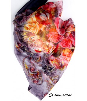 Schal lang Blumen Motiv mit Rosen rot schwarz